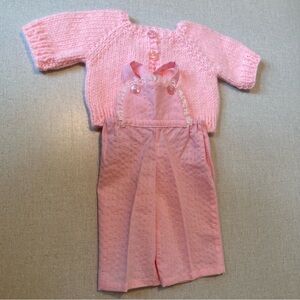 Hand- made 18” Girl Doll, Knit Pink Sweater, sewn lace bibs. New, never used.